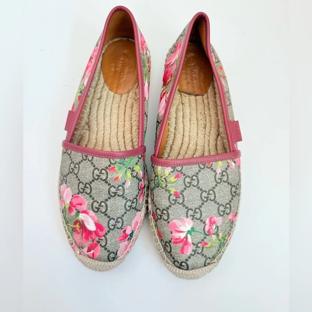 Gucci Pink Bloom Floral Print Logo Monogram Canvas Espadrilles Flats EU 38.5